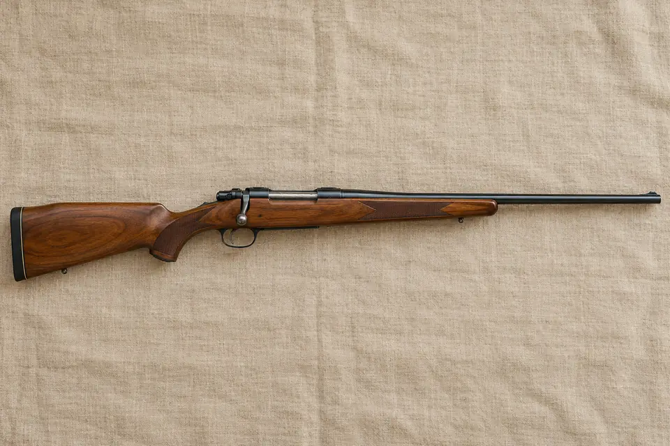 Un rifle de cerrojo con culata de nogal, entero y visto de lado, sobre una tela de lino clara.